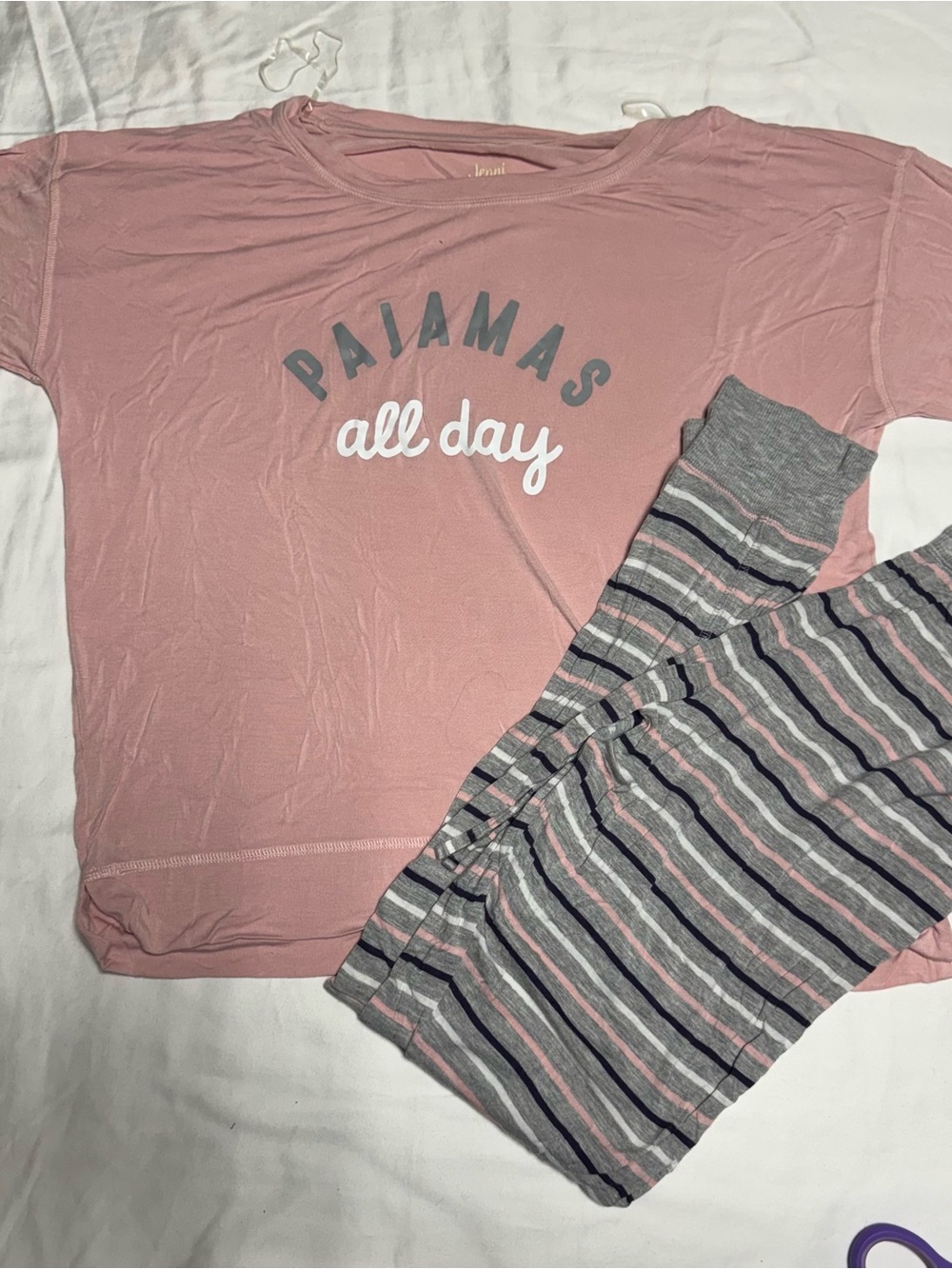 Jenni Pink 'Pajamas All Day' Short Sleeve Top with Gray Striped Pants